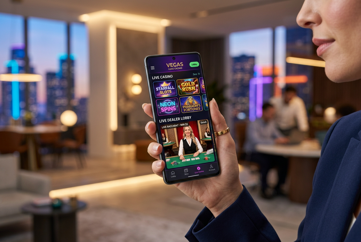 A professional photo of a smartphone with a modern casino app interface.