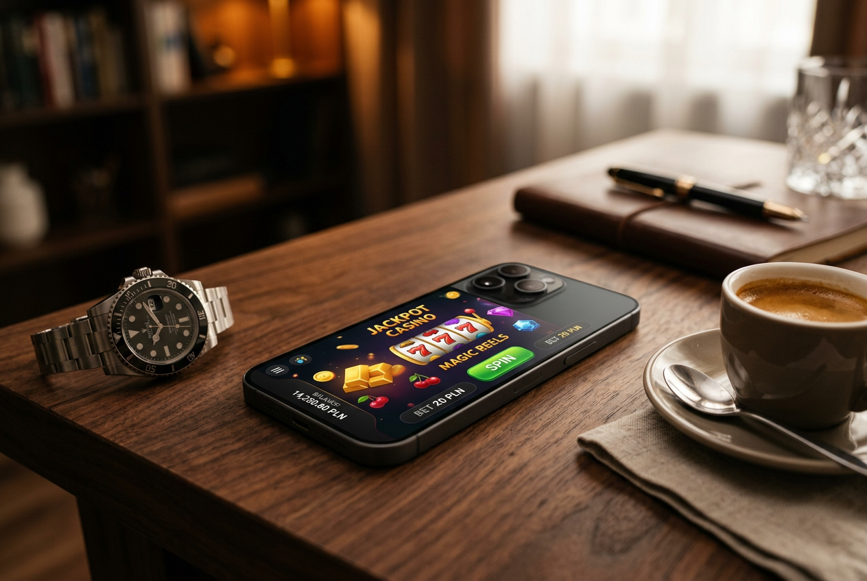 Smartfon wyświetlający nowoczesną aplikację kasyna online na tle eleganckiego biurka.