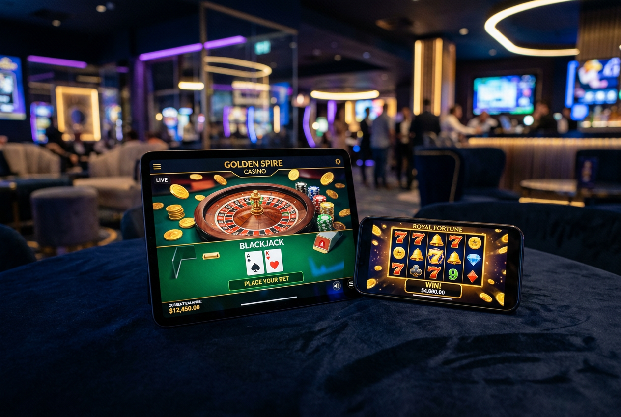 Elegant display of premium casino cards and digital devices showing gaming apps.