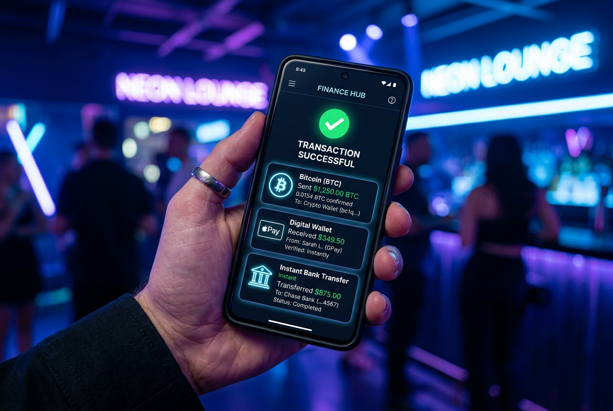 Smartphone screen showing fast digital payment confirmations and cryptocurrency icons.