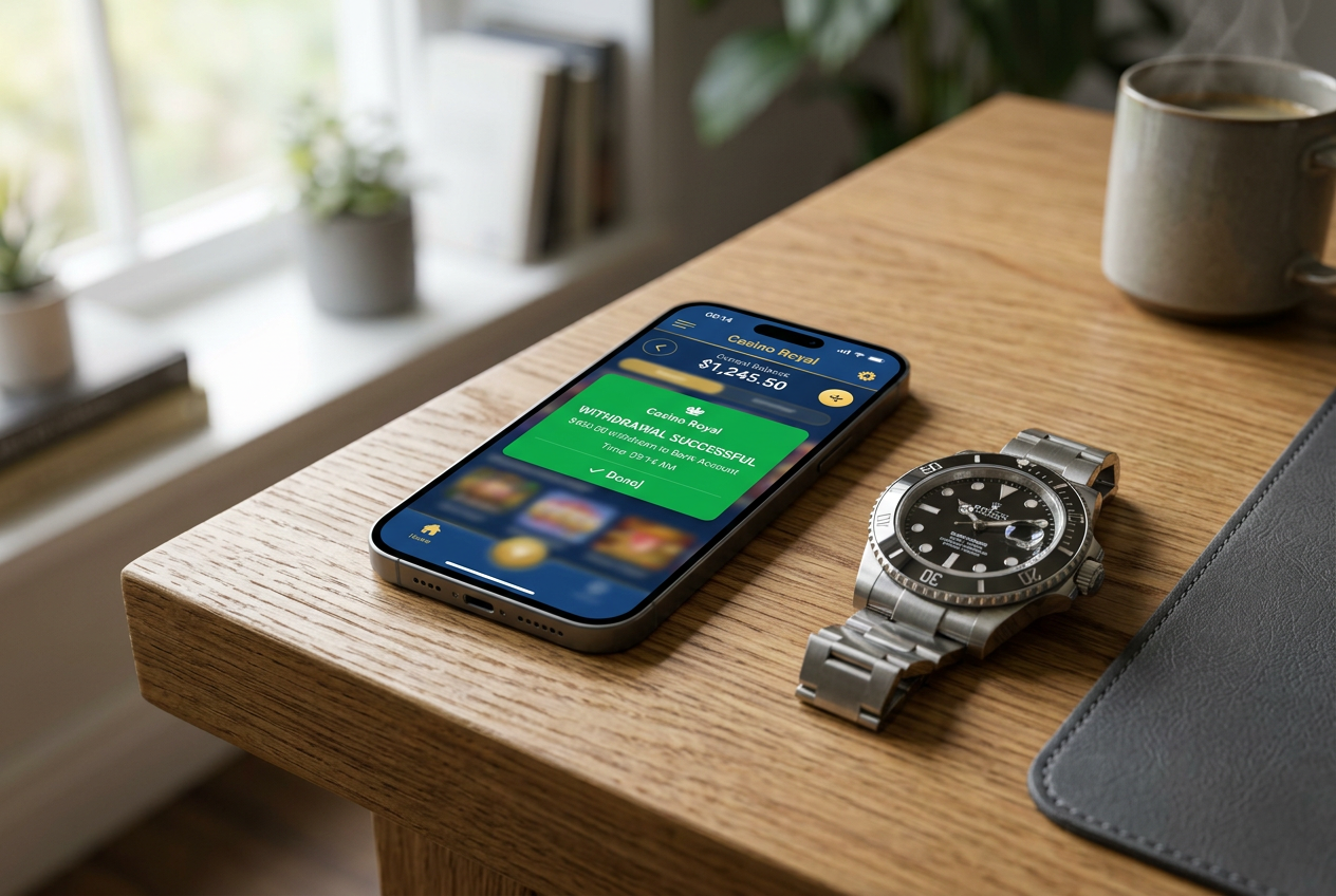 Smartfon z powiadomieniem o udanej i natychmiastowej wypłacie z kasyna.